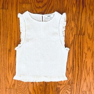 LIKELY Light Cream Smocked Hemstitch Stretchy Ruffle Sleeveless Stretch Top Sz L